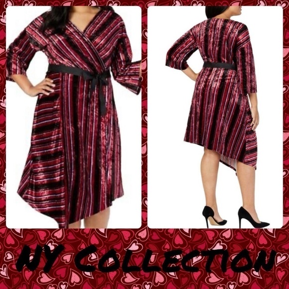 NY Collection Stripe Velvet Asymmetrical Dress - Picture 1 of 13